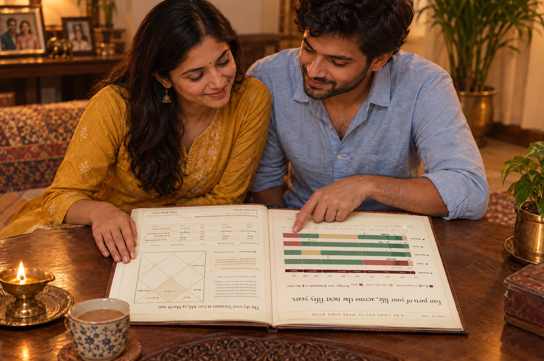 A young couple at home in the evening, leaning over their horoscope book open on the coffee table, pointing to a page and smiling