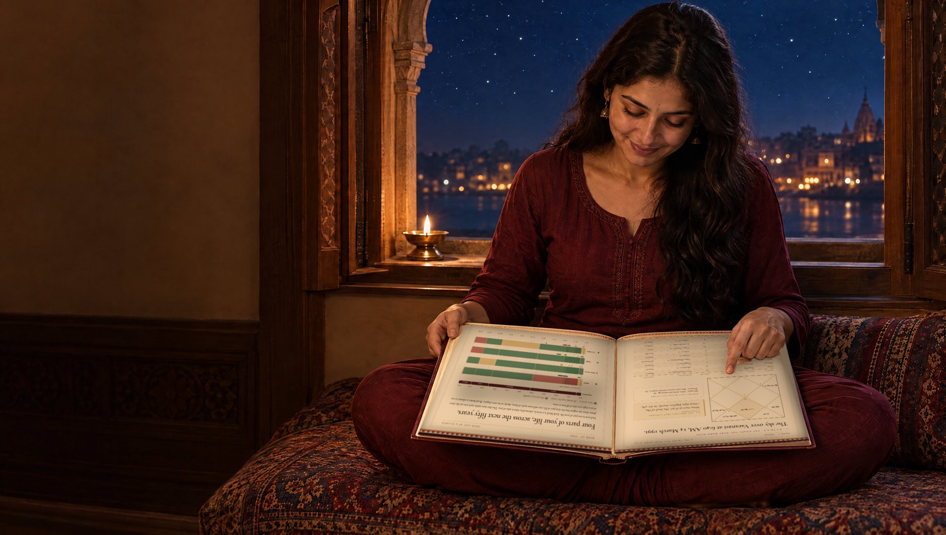 A woman sitting cross-legged by a window at night, her horoscope book open on her lap, pointing to her birth chart with a smile