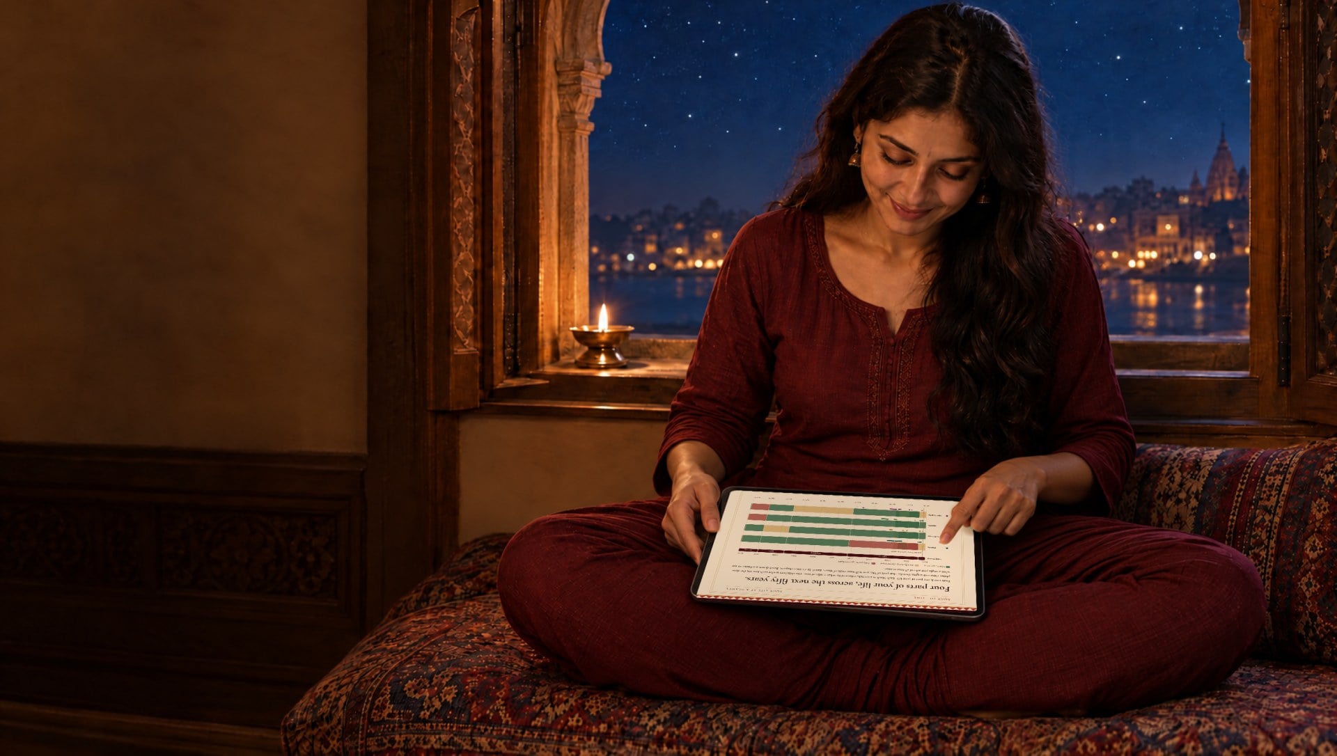 A woman by a window at night, reading her horoscope on a tablet in her lap