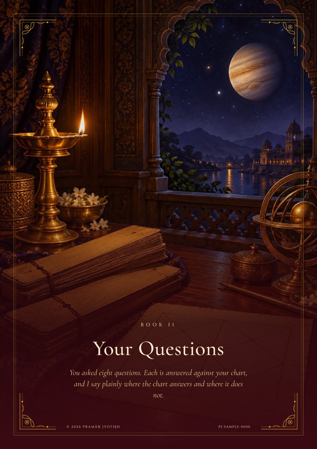 Book II opening plate from a sample Praman Janma Patrikā: an oil lamp, palm-leaf manuscripts and Jupiter over a river at night
